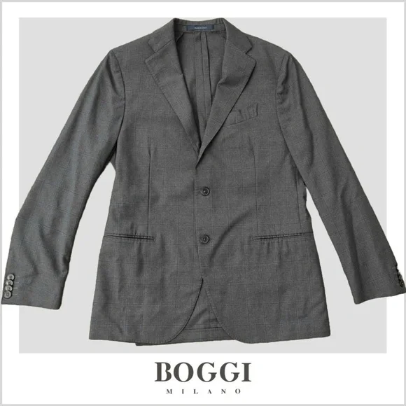 Boggi Blazer Men's 46R Gray Plaid Slim Fit‎ Italian Wool Windowpane